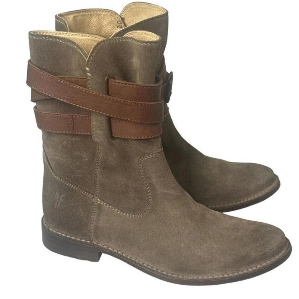 Frye Womens Shirley Strappy Short Boots Women's Sz 7.5 Suede Pull On Booties Tan